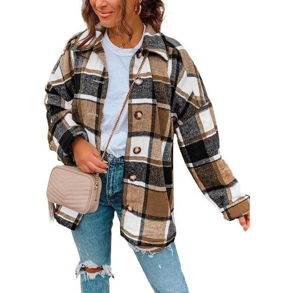 Women Khaki Collared V Neck Button Down Oversized Long Sleeve Shirt Top